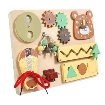 Personalized Montessori Wooden Busy Board Toddler Sensory Toy with Clock Gears Shoelace Zipper Latches Fine Motor Gift