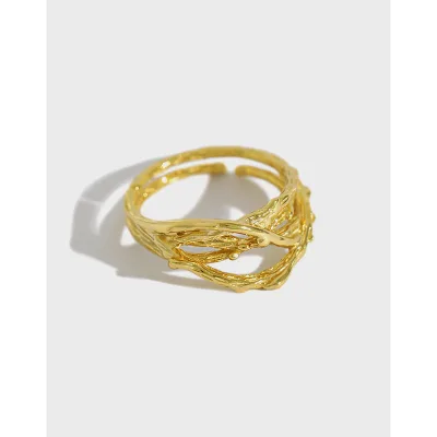 Thorn Silver Ring for Women S925 Sterling Gold Plated With Diamond and Pearl Irregular Texture Opening Design