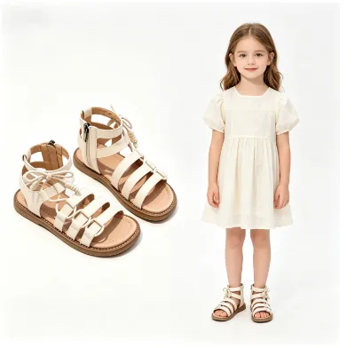 Girls Roman Sandals Zipper Closure Ankle Strap Leather Upper Rubber Sole Hard-Wearing Autumn Spring Casual Princess Children's