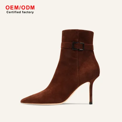 OEM Custom New French-Inspired Style Cashmere Brown Ankle Boots Buckles Zippers Spike Heels Slip-On Mid-Calf Women's Retro Boots