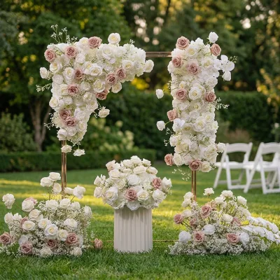 Popular White Pink Simulation Flower Wedding Arch Decoration Set Window Showroom Layout Welcome Sign Artificial Flower Row Decor