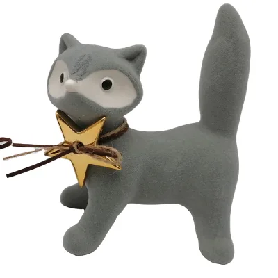 Ceramic Flocked Grey Fox Figurine - Christmas Decor Holiday Home Decoration,Festive Table Centerpiece, Custom Gift for Christmas