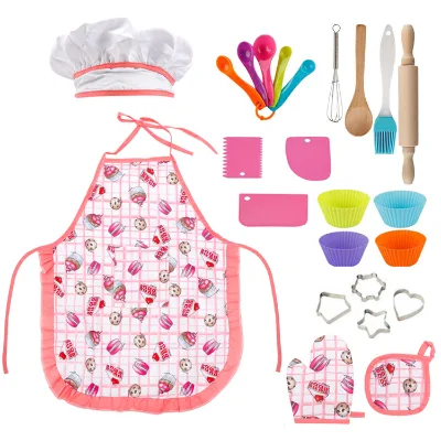 Kids Teenagers Plastic Eco-Friendly 19-Piece Baking Apron Set Kitchen Cooking Tools DIY Cake Decorating Baking Toys Chef Role