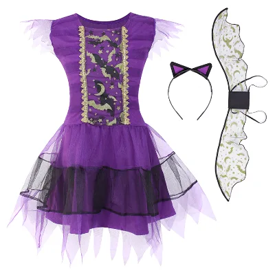 Girls Halloween Party Cosplay Performance Wear Kids Halloween Witch Costume With Wings and Tiara
