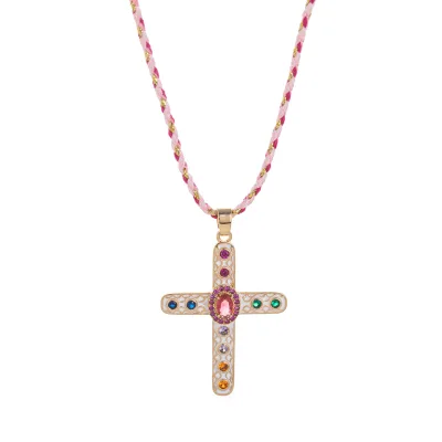 Hot Selling Vintage Style Religious Charm Cross Pendant Necklace Copper Colored Zirconia Versatile Link Chain Buddhism Wholesale