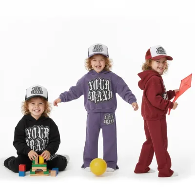 Wholesale Kids Casual Custom Solid 100% Cotton Sweatsuit Jogger Two Piece Hoodie Sets for Girls and Boys