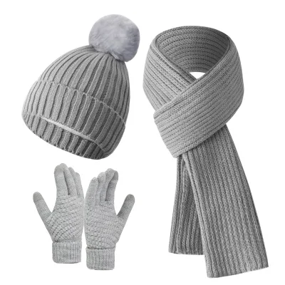 Unisex Acrylic Knitted Yarn Warm and Plush Thick Winter Warm Scarf Gloves Hat Scarf Three Piece Beanie Hat Scarf Gloves Set