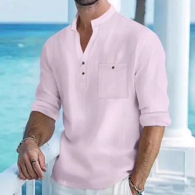 S-3XL 2026 Men Linen Long Sleeve Shirt Stand Collar Henley Shirt for Men Casual Work Shirt Male Chemise Homme Streetwear