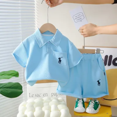 2025 New Arrival Boys' Summer Polo T-shirt Shorts Set Breathable Thin Pure Color Short Sleeve Two-Piece Outfit for Toddler Kids