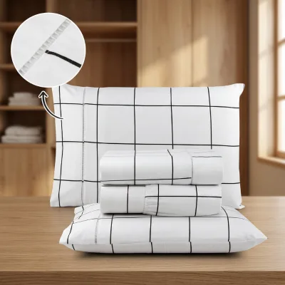 Wholesale OEM ODM Bed Sheet Set 4 Pieces Oeko-tex Polyester Geometric Modern All-season Elegant Ladder Lace Trim Hemstitch