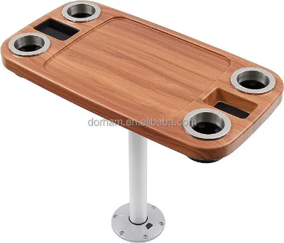 Marine Rectangular UV Resistance ABS Table Wood Grain Yacht Table RV Outdoor Boat Tea Table with Built-in Cup Holders
