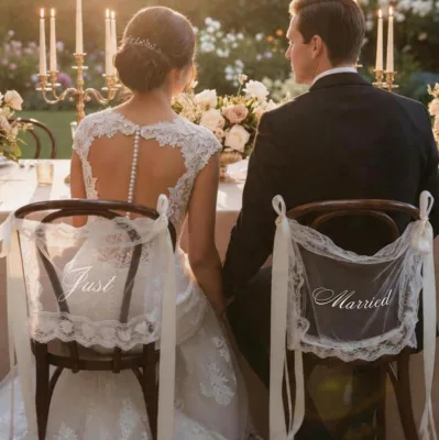 Just Married Wedding Chair Signs Set Modern Professional Lace Bride Groom Chair Back Decor Ribbon Romantic Wedding Reception