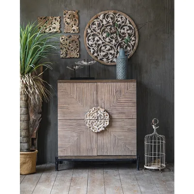 2025 New Modern Design Rustic Wooden Vintage Farmhouse Style Solid Wood 2 Door Carving Cabinet for Living Room