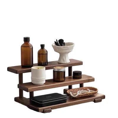 Custom 3 Tier Wooden Desktop Display Stand, Multi Layer Cosmetic Organizer Shelf for Bathroom Countertop OEM Wholesale