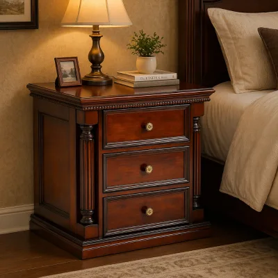 American-style Solid Wood Bedside Table; European-style Bedside Cabinet with Two / Three Drawers Storage Bedroom Furniture