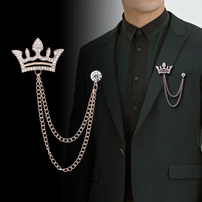 Minimalist Hollow Crown Rhinestone Brooch Double Layer Tassel Chain Lapel Pin Gold & Silver Plated Full Crystal Crown Men Brooch