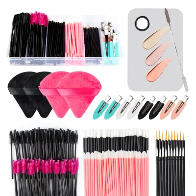 Hot Disposable Makeup Tools Applicators Kit With Mascara Wands Lipstick Eyeliner Brush Hair Clips Powder Puffs Mixing Palette