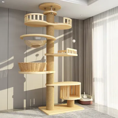 freestanding height adjustable cat tree with wooden and sisal scratching posts  eco-friendly and durable cat condo furniture