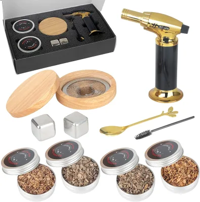 Whiskey Gifts Cocktail Smoker Kit with Torch and 4 Different Wood Chips and Ice Wine Stone for Cocktail Whiskey