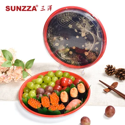 Sunzza Packing Japanese Design Round Sashimi/fruit togo Tray Disposable Big Premium Plastic Sushi Plate for Parties