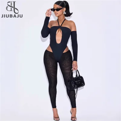 Sexy Hollow Out Backless 2 Piece Set Woman Halter Sleeveless with Sleevelet Bodysuits and Mesh Pants Outfits Party Clubwear