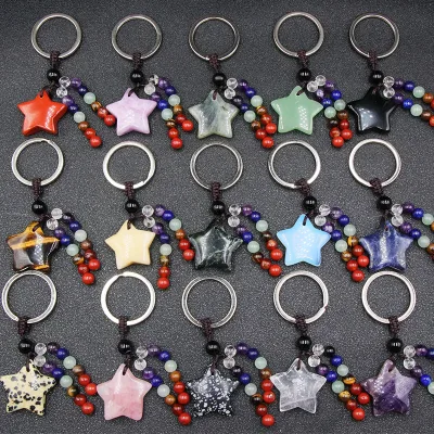 European Style Natural Crystal Jade Rainbow Stone Pentagram Keychain Amethyst Semi-precious Bag Charm Cross-border Gift Made