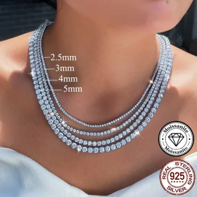 Classic GRA Certificate VVS D-Color S925 Sterling Silver Moissanite Tennis Necklace for Men Women 2/3/4/5mm Chain Fine Jewelry