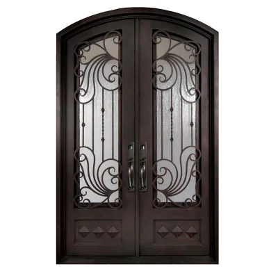 Modern Arched Wrought Exterior Door With Glass, Wrought Iron Double Entry Doors