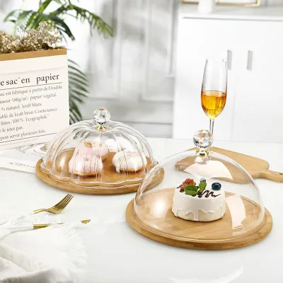 Clear Acrylic Food Cover With Wooden Bottom Table Dust Dish Cover for Cake Coffee Bread in Living Room for Coffee Shop Use