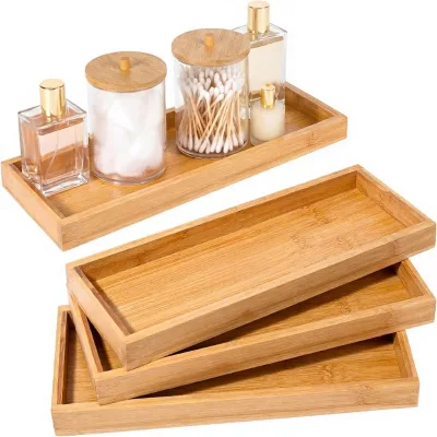 3-Piece Bamboo Vanity Trays-Multifunction Bathroom & Kitchen Serving Tray 11x4 Inch Rectangle Style