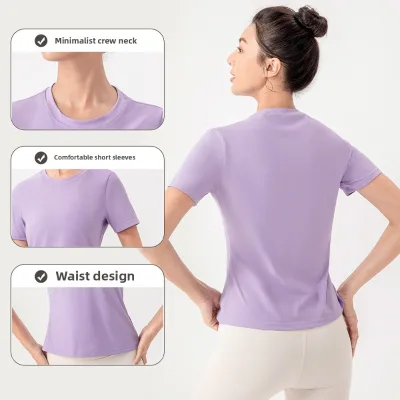 Women's Summer Yoga Short-Sleeved Fitness T-Shirt 30D Spun Yarn Breathable Quick Dry V-neck Running Sports Top Nude Seamless