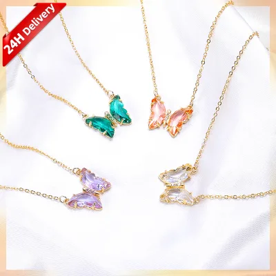 HOVANCI Colorful Glass Crystal 18K Gold Plated Stainless Steel Chain Green Jade butterfly Necklace