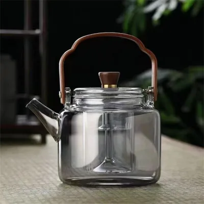 Classic Smoky Gray 500ml High Borosilicate Glass Teapot Walnut Handle Open Flame Heating Double Bladder Design Coffee Tea Set