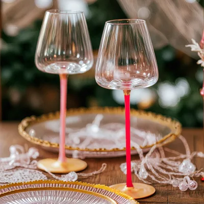 Luxury Burgundy Red Stem Wine Glass with Custom Logo Handmade Europe Style Round Design for Parties
