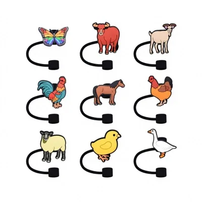 Hot Sale 8mm Reusable Silicone Drinking Straw Cover Cute Animals Cartoon Design with Dust Toppers Covers Rubber Material
