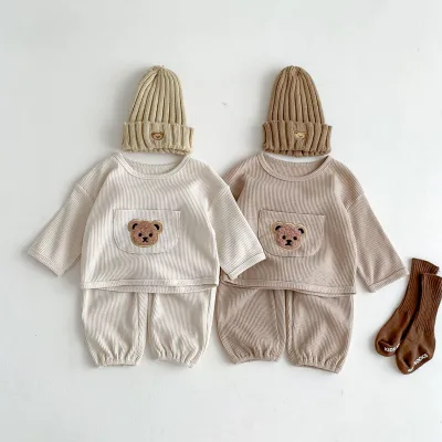 Spring Baby Clothes Set Bear Embroidery Waffle Shirt Full Length Pants Boys Clothes Set Boys Girls Outfit
