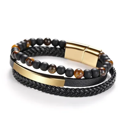 Wholesale Chanfar Punk Tiger Eye Lava Men Natural Stone Bead Stainless Steel Magnetic Clasp Black Real Genuine Leather Bracelet