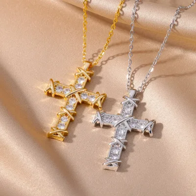 Brass Necklace Vintage Cross Encrusted Zircon Pendant Gold Silver Necklace for Women Girls Hainon 1847