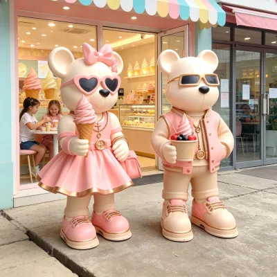 Pair of Cartoon Bear Fiberglass Sculptures Pink Themed Character Statues for Dessert Shop Commercial Window Display Decoration