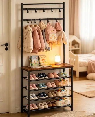 Best Seller Shoe rack with coat hanger, five-tier shoe storage shelf featuring 9 movable hooks, suitable