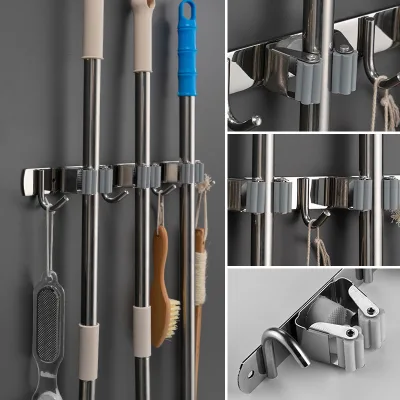 304 Stainless Steel Wall-Mounted Broom Organizer Heavy Duty Metal Non-Slip Broom Mop Holder with Wall Mount