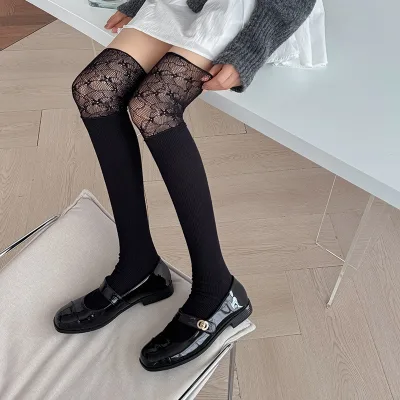 Influencer-style Lace-trimmed Over-the-knee Cotton Solid Socks Alluring Lolita-inspired Stockings Sweet J-k Style