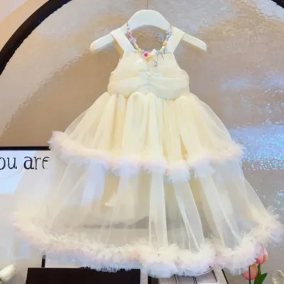 New Girls' Summer Dress Fashionable Floral Mesh Bowknot Strap Casual Ball Gowns Knee-Length