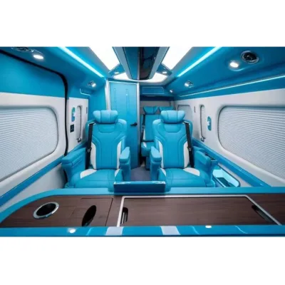 Luxury Customized Interior for Toyota Hiace with 6-seat Full Partition Bathroom Lake Blue and White