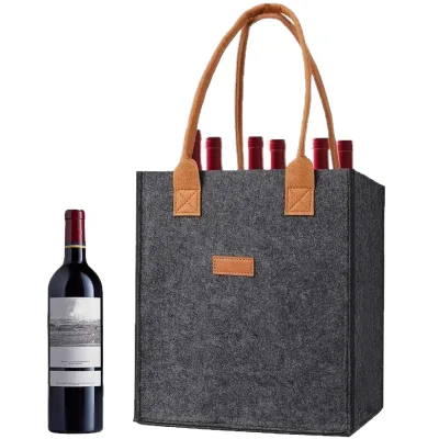 Custom Reusable Felt Wine Bottle Bag Divided Red Wine Tote Bag High Quality Hanging Flet 6pcs Bottle Carrier Bag