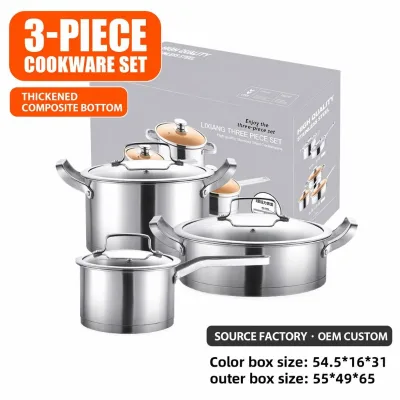 Thickened Double-Base 304 Stainless Steel 3-Piece Cookware Set Modern Minimalist Heat Resistant Soup Pot Glass Lid