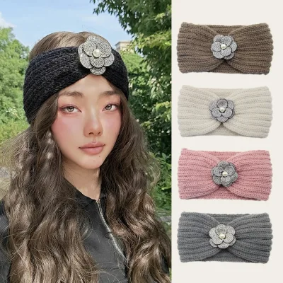 Camellia Pearl Hair Band Rhinestone Embellished Wide Headband for Women Autumn Winter Warm Ear Boho Knitted Headband