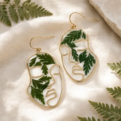 Nature Inspired Gold Mask Face Fern Earrings Real Botanical Jewelry Eco Friendly Handmade Fashion Accessories
