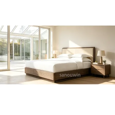 Vintage Style Oak Wooden Hotel Guest Room Bed Sunshine Household Indoor Living Villa-style Bedroom Furniture Set