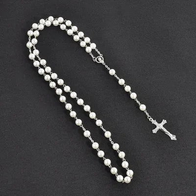 Religious Catholic Silver Plated Polished Imitation Pearl Beaded Rosary Necklace Classic Crucifix Pendant Tassel Unisex Prayer